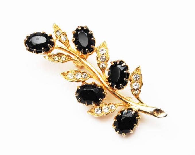 Rhinestone Flower Brooch - Black clear crystal - Gold plated metal - floral pin