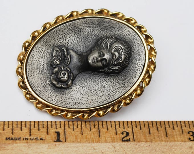 Raised Metal Cameo Brooch - Pewter rasied womenprofile - Gold metal - repousse grey metal Pin