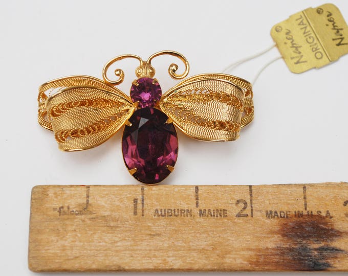 Butterfly Rhinestone BRooch _ Signed Napier _ Purple crystal - Ornate gold wire - Bug pin