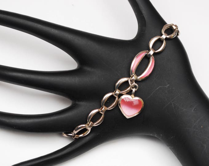 Sterling Heart charm Bracelet - Pink glass and silver charm - Heavy silver Link chain - Pink Enamel -