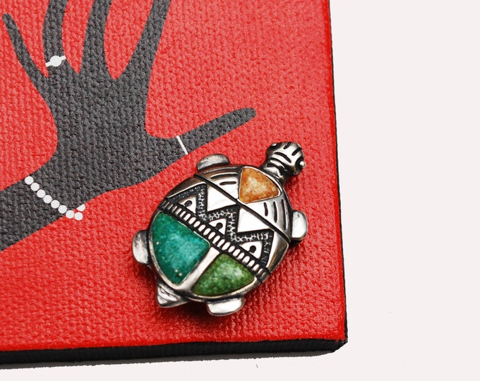 Sterling Turtle Brooch Pendant -Gemstone Figurine pin - green blue turquoise orange stone chip - signed Sterl - Southwestern