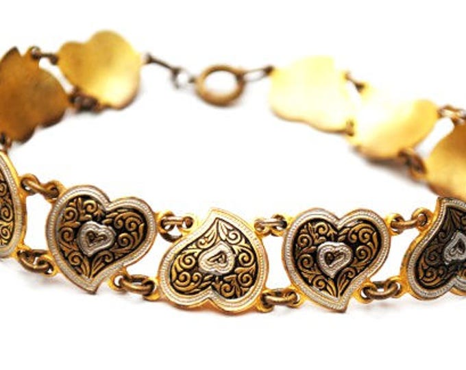 Damascene Heart Link Bracelet - Golden brass Black fwhite enamel - bangle