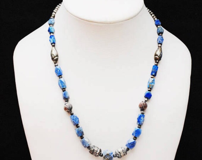 Sodalite Silver bead necklace - blue white gemstone - silver brass copper beads - Boho India style 19 inches