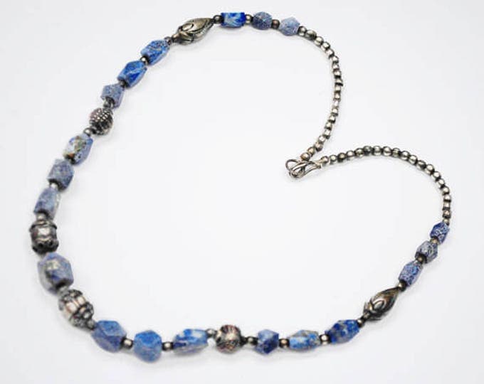 Sodalite Silver bead necklace - blue white gemstone - silver brass copper beads - Boho India style 19 inches