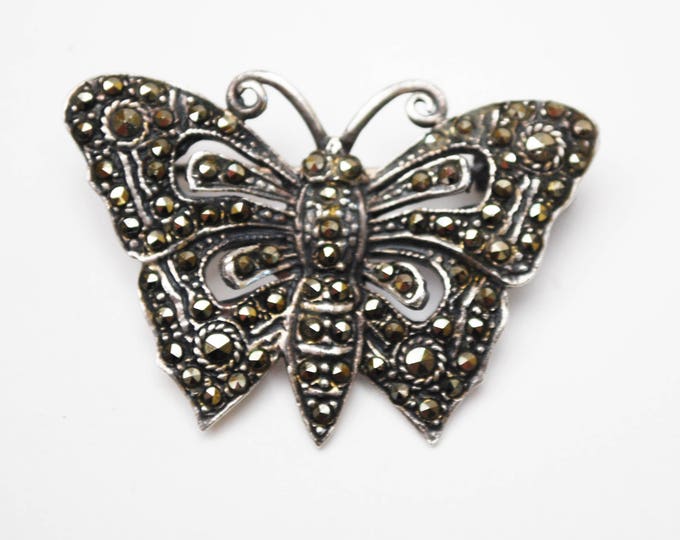 Sterling Marcasite Butterfly Brooch - Silver Insect Art Deco figurine Pin