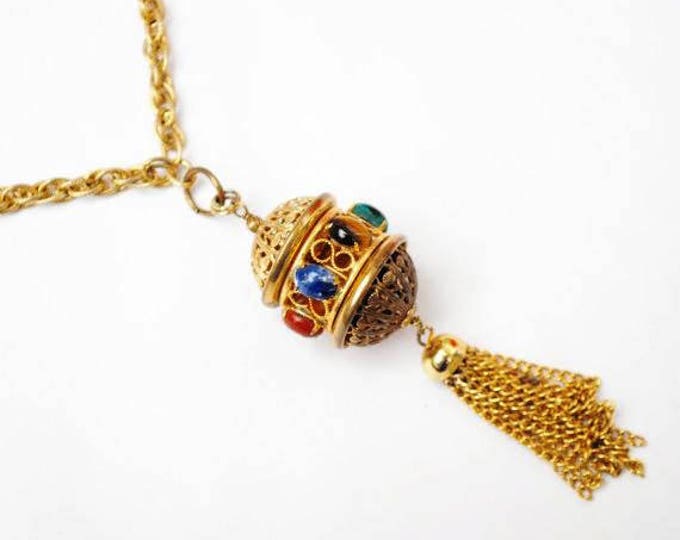 Gemstone gold tassel necklace - gold filigree open caged - sodalite tiger eye jade rose quartz carnelian