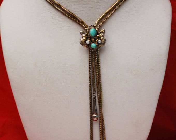 Adjustable Slider necklace - Cupid - Brass gold Mesh chain - green glass - White seed pearl - Tassel bolo tie - Bolo tie necklace