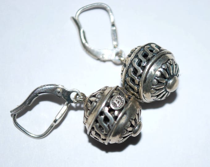 Sterling Filigree ball Dangle Earrings - Silver drop earring -letter B - Boho gypsy