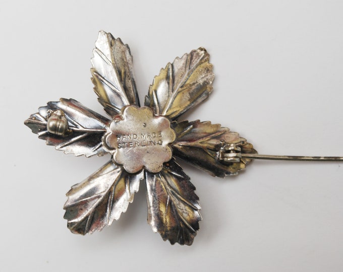 Sterling Flower Brooch - Silver Floral - Vintage Art Nouveau - signed Hand made - Floral Pin