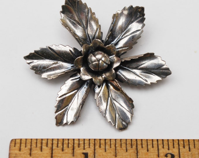 Sterling Flower Brooch - Silver Floral - Vintage Art Nouveau - signed Hand made - Floral Pin