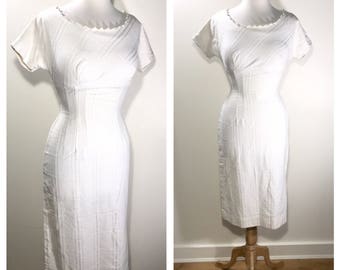 1960s White Midi Dress Casual Wedding Dress Garden Party Dress White Summer Party Dress Pencil Dress Short Sleeve Cotton Dress Sundress