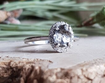 Meteorite Ring with Sterling Silver and Campo del Cielo Meteorite and Zirconia Halo Oval - Meteorite Engagement Ring