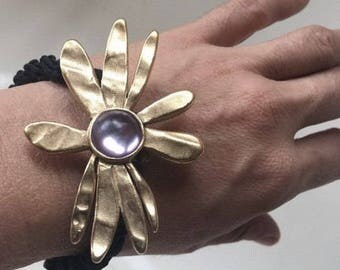 BICHE DE BERE Vintage French Hair Accessory or Bracelet, Signed Gold Lavender Purple Flower Bracelet Charm, Spring Accessory, Girls Gift