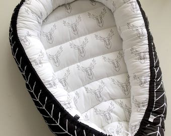 Baby nest, baby lounger, baby change pad, reversible, deer, Scandinavian style, B&W