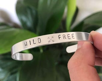 Wild and Free Handstamped Cuff Bracelet, Travel Bracelet, Adventure Bracelet