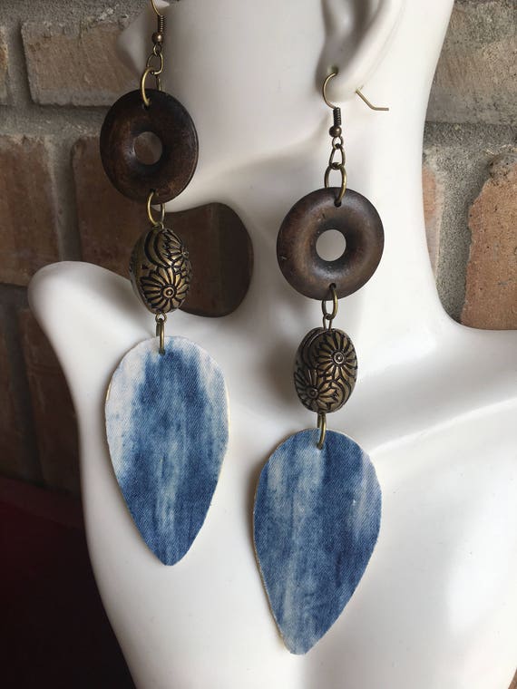 Denim Earrings Blue Jean Art Big Earrings Statement