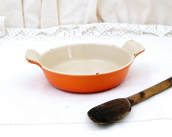 Small Vintage French Le Creuset from France Bright Orange and White Enameled Cast Iron 28 Oven Dish, Retro Kitchen Enamelware from France