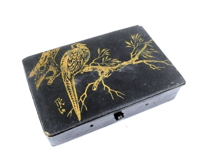 Antique Napoleon III / 3 Black Lacquer and Gold Gilt Carton Bouilli / Papier Mache Playing Card Box Signed by Artist Featuring a Pheasant