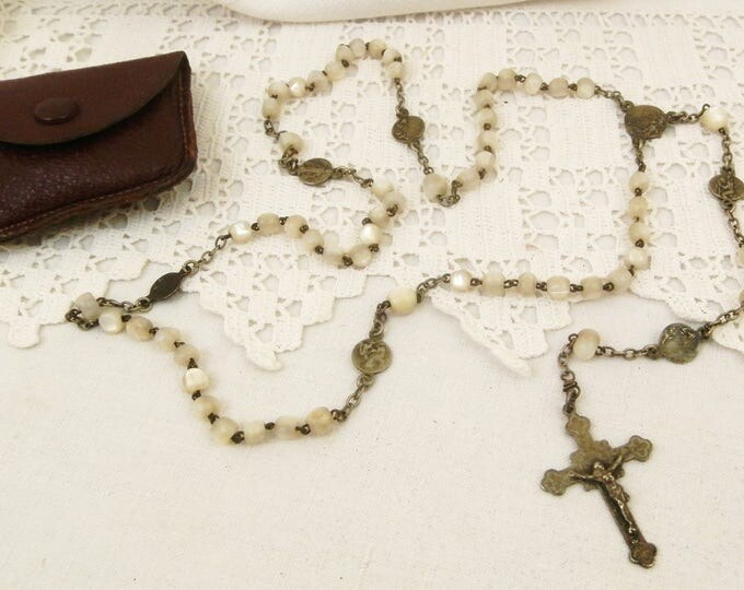 Antique French Mother of Pearl / Nacre Rosary Beads with Silver Plated Crucifix and Leather Pouch, Catholic Payer Beads, St Christopher