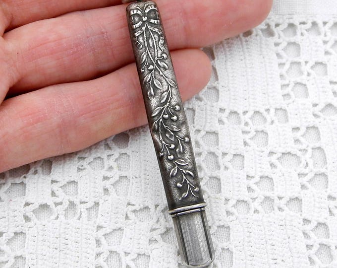Antique French Silver Pendant Pencil Holder, Precious Metal Pen Case for a Necklace, Victorian Novelty Jewelry with Cherry Pattern