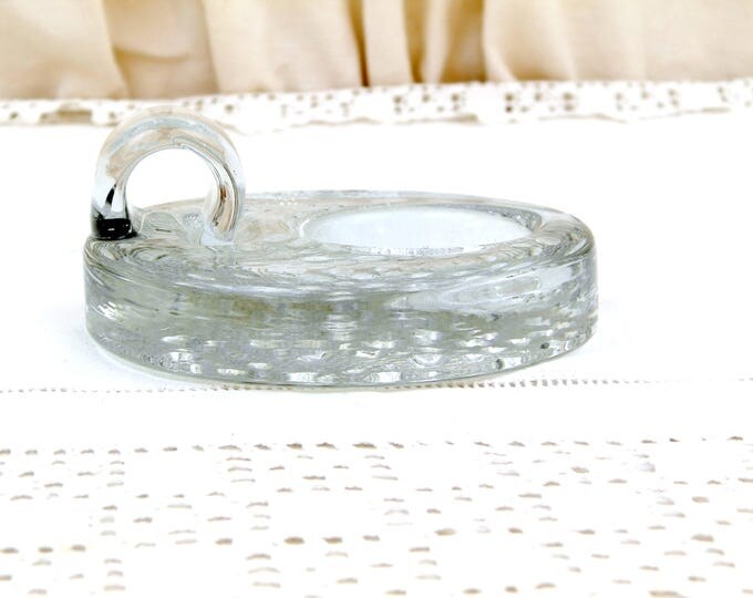 Vintage Solid Crystal Glass Mid Century Candle Holder, 1970s Chamberstick made of Thick Glass, Studio Glass Candle Stick for Night Light