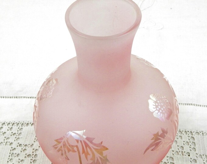 Antique Pink and Iridescent Frosted Glass Vase with Floral Pattern from France, Belle Epoque 1920s Flower Vase, French Brocante Retro Home
