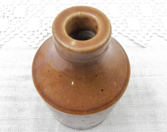 Short Antique Earth Brown Salt Glaze Stoneware Pottery Ink Bottle from France, French Rustic Primitive Country Decor Vase, Victorian School
