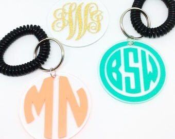Monogram Keychain, Initial keychains, Gift for her, Birthday gift, Acrylic keychain, BagTag, Spiral keychain wristlet, tassel keychain-Black