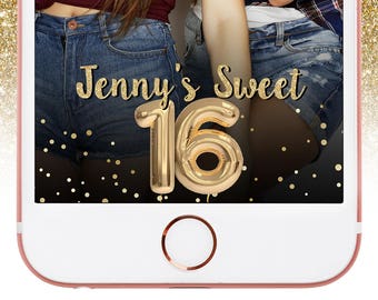 Sweet 16 Birthday Snapchat Geofilter with Gold Glitter Balloon, 16th Birthday Geofilter