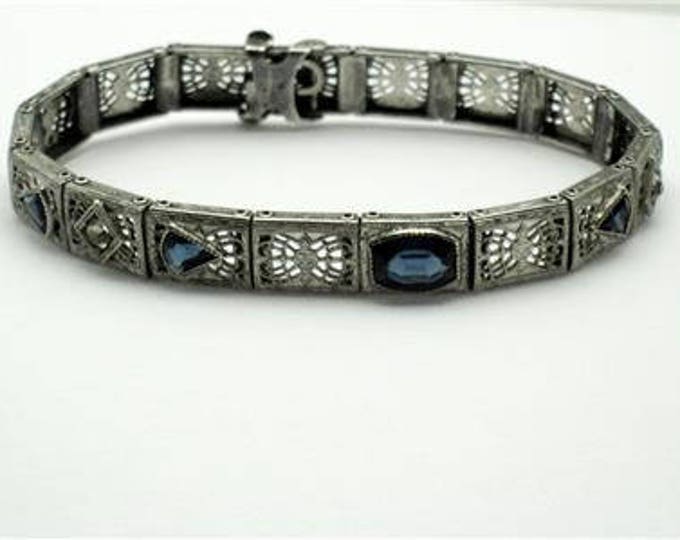 Antique Art Deco Bracelet, Sterling Sapphire Bracelet, 1920's, Filigree Panels, Art Deco Jewelry, Signed