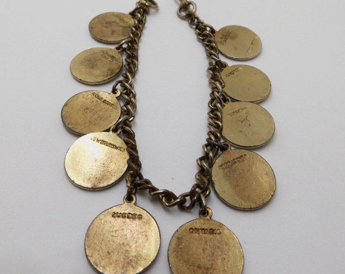 Vintage Enamel Charm Bracelet, Canadian Provinces, Ten Regions Canada, Vintage Souvenir Charms