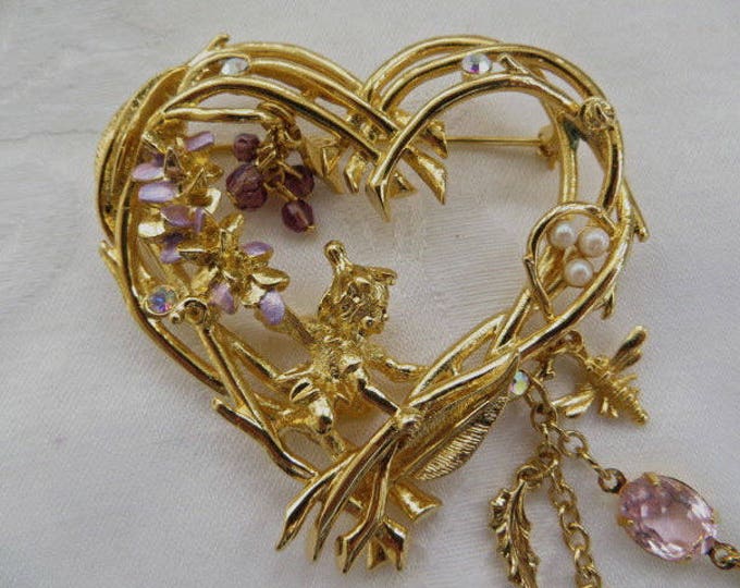 Kirks Folly Wisteria Angel Brooch, Heart with Angel Pin, Pixie Fairy Jewelry, Vintage Kirks Folly