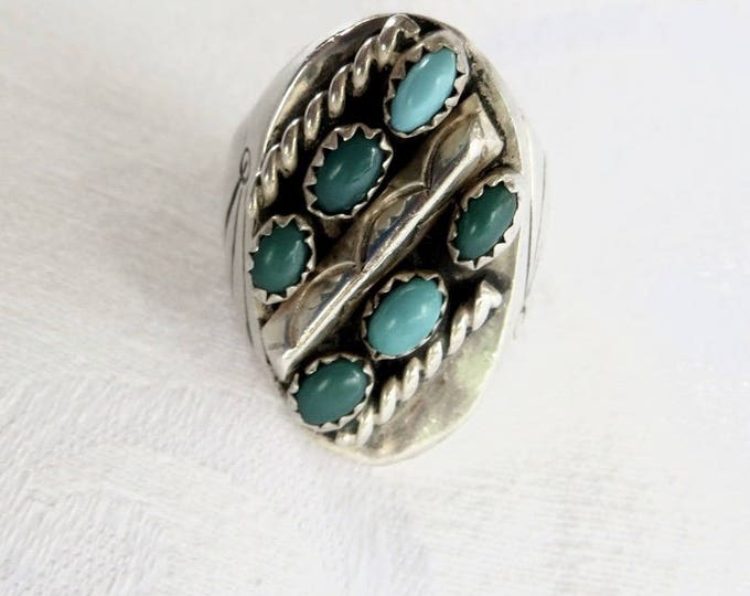 Vintage Navajo Ring, Men's Ring, Turquoise and Sterling Silver Native American Old Pawn Jewelry
