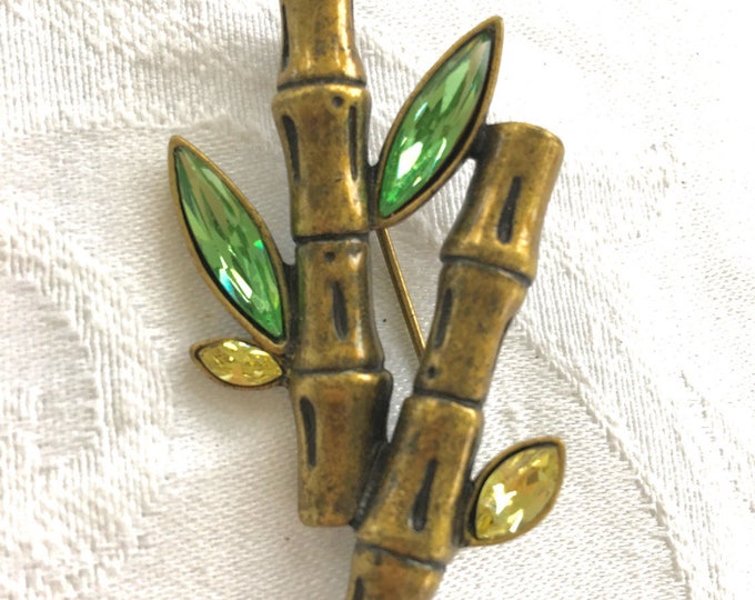 Vintage Bamboo Brooch, Rhinestone Figural Bamboo Pin, Asian Bamboo Plant Pin, Tropical Jewelry