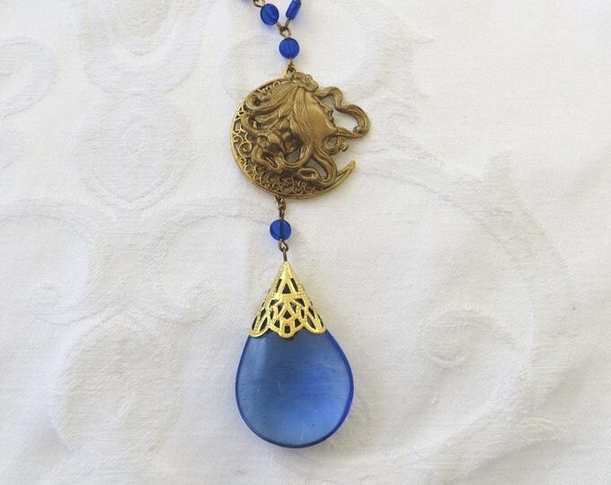 Art Nouveau Necklace, Moon Goddess Pendant, Celestial Moon Necklace, 30" Chain, Art Nouveau Jewelry, Festival Necklace
