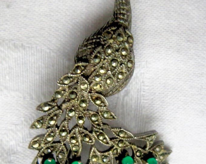 Vintage Sterling Peacock Brooch, Sterling Marcasite Peacock, Vintage Peacock Jewelry, Bird Pin, Bird Brooch