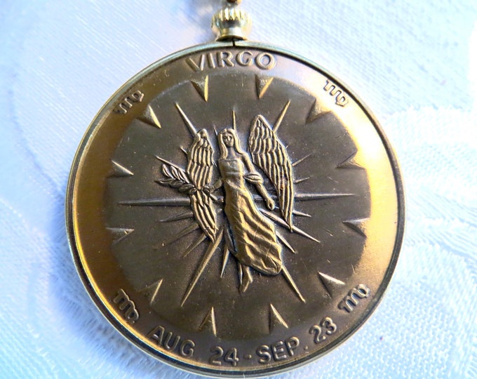 Vintage Virgo Necklace, Art Nouveau Angel Medallion, Signs of the Zodiac, 24" Chain, August September Birthday