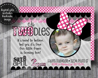 Oh Twodles invitations Toodles Minnie Mouse with Picture photo Girls Birthday Party Printable - Pink 5x7