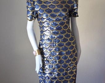 SALE Sequin dress, vintage, beaded, mini, mermaid, blue, gold, scallop, evening, Laurence Kazar, special occasion. Size M