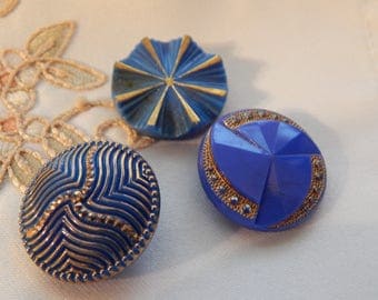 Blue Vintage Buttons with Gold Luster - 3