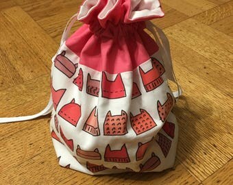 PUSSY HAT -- Medium fully-lined cotton drawstring knitting project bag or dice bag -- RESIST!