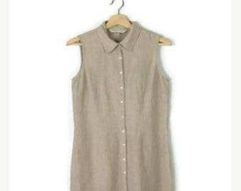 ON SALE Oatmeal Pure Linen Button down Sleeveless Dress from 90's/Minimal dress*