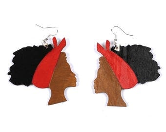 African Head Wrap earring, Afro hair earring, red afrocentric earring, Red wooden earring, Handmade Afro Earring, Bridesmaids earring