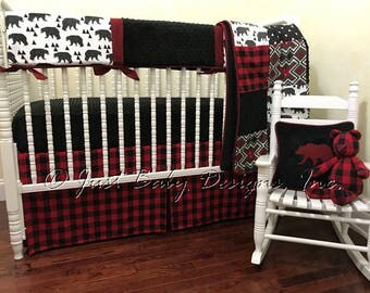 Woodland Baby Bedding Set Maxson - Bear Baby Bedding, Red & Black Buffalo Plaid, Woodland Crib Bedding, Neutral Baby Bedding, 1 - 6 Pieces