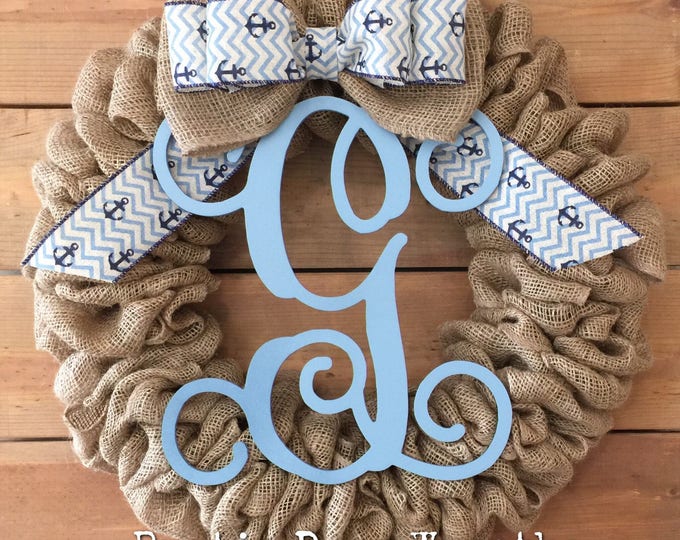 Front Door Wreath / Burlap Wreath / Initial Wreath / Front Door Letter Wreath / Anchor Wreath / Baby Boy Blue Chevron Wreath