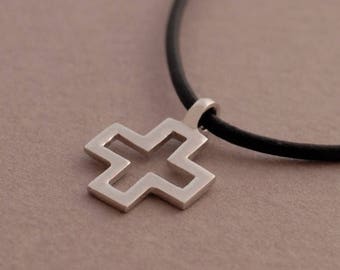 Sterling silver Cross Necklace with black cord.. Handmade