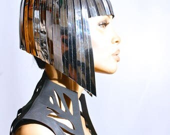 Cleopatra metallic wig hairdress in chrome or gold egyptian goddess wig bob hairpiece bobcut headpiece metal futuristic