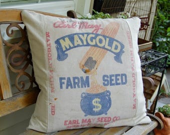 Vintage Seed Sack Pillow Cover - 24 x24 with Beige Canvas