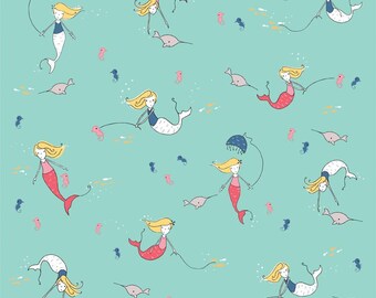 Mermaid Fabric in Blue, Cinderberry Stitches Saltwater, Blue, Riley Blake