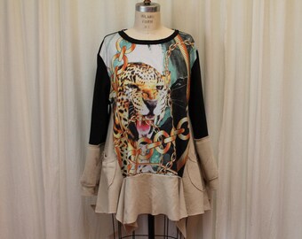 Leopard sweater Sweatshirt tunic top L-XL upcycled Romantic Fall festival Gypsy tunic sweater Recycled upcycled Eco green top Boho clothing